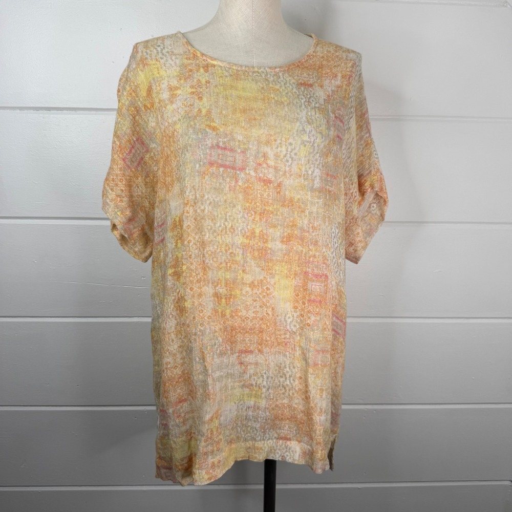 Pure Jill Large Linen Cotton Tunic‎ T Shirt Yellow Orange Boho Abstract